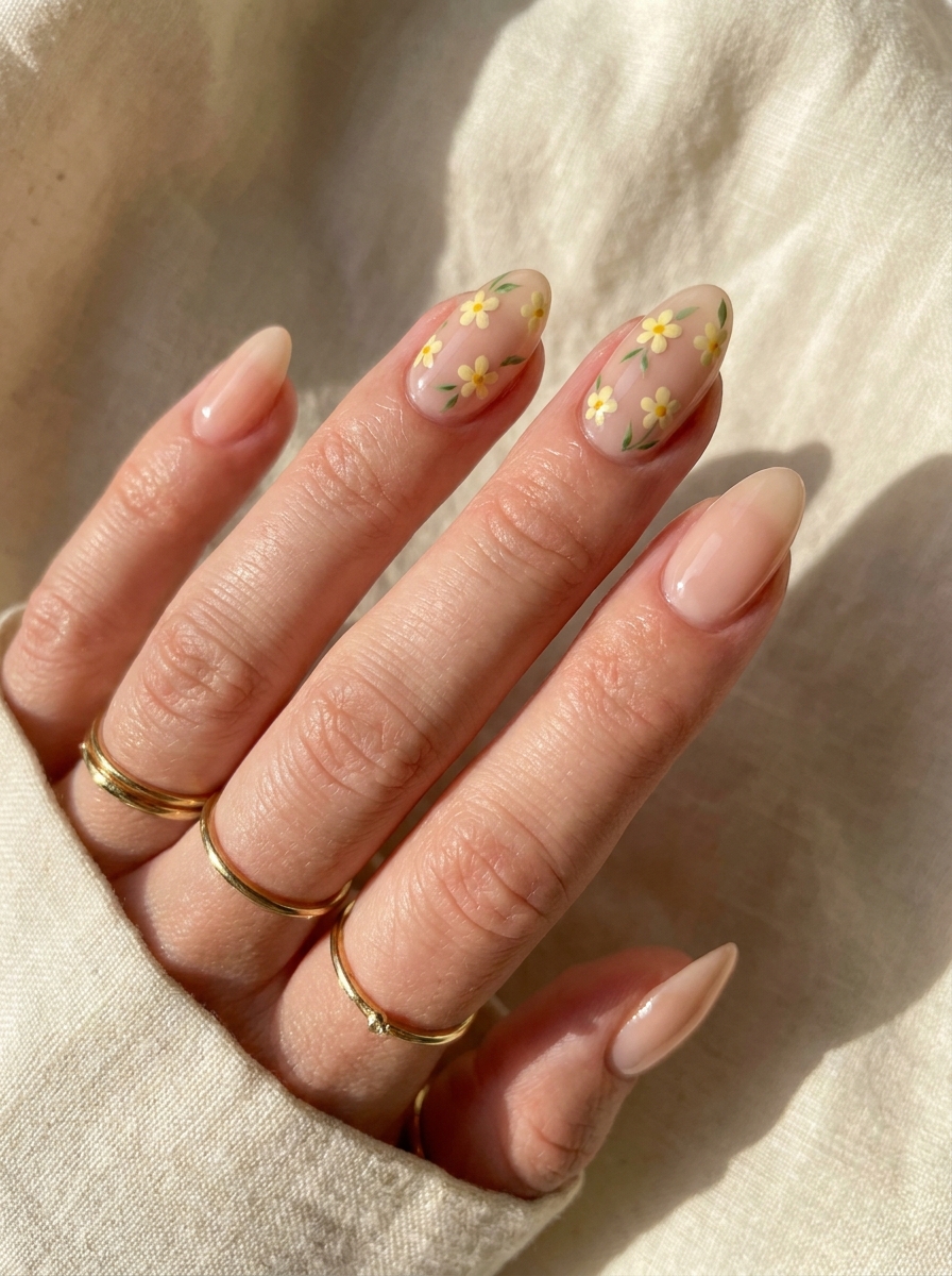 Gelbe Blumen Nägel mit sonnigen kleinen Blüten